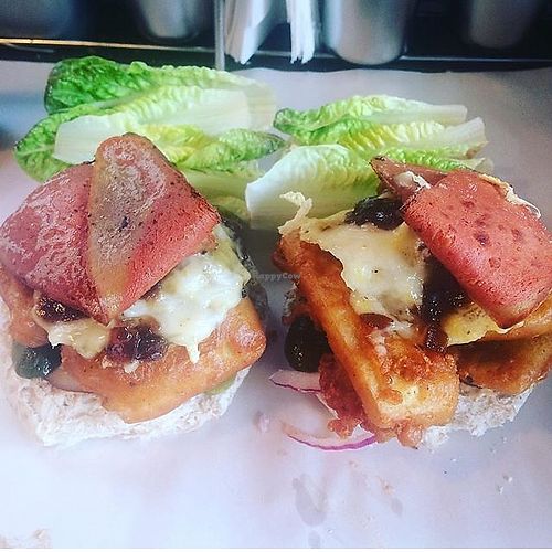 Southern Fried Tofu topped with cheese, caramelised onions and streaky rashers  at Began's - Food Stall in High Wycombe