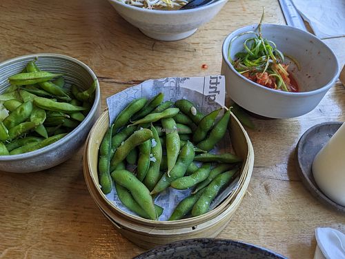 Edamame and kimchi sides at Mr Ramen in Copenhagen