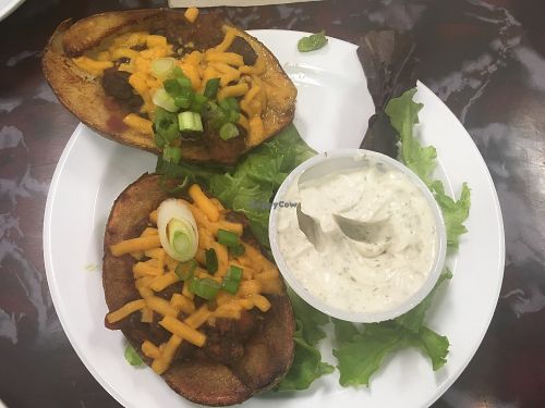 Chili cheese crumble potato skins  at Sanctuary Vegan Cafe in Knoxville