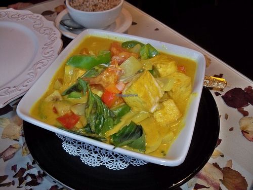 "Yellow Curry" - potatoes, tomatoes, bell peppers, thai basil, tofu. at Khu Larb Thai  in Port Townsend