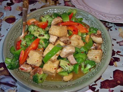 "Cashew" on the "From the Wok" menu section, with tofu: broccoli, mushrooms, red& green bell peppers, cashews, tofu. at Khu Larb Thai  in Port Townsend