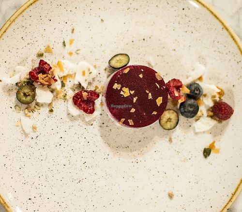 rasbery and coconut milk panna cotta at Alive in Vilnius