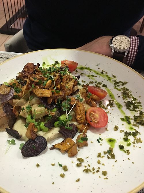 A very seasonal dish with chanterelle mushrooms on the menu!  at Alive in Vilnius