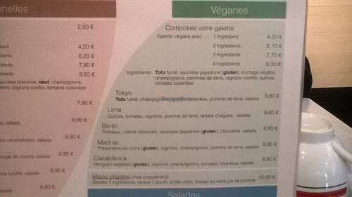 Menu des galettes vegans at Ty Veg in Perros-guirec