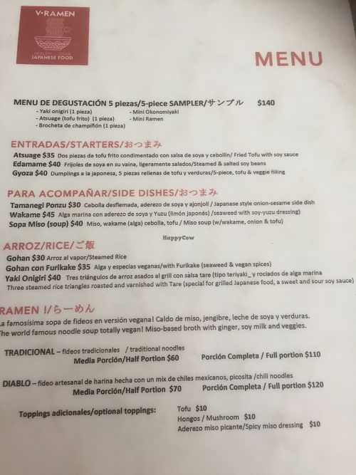 Menu at V-Ramen - Alvaro Obregon in Mexico City