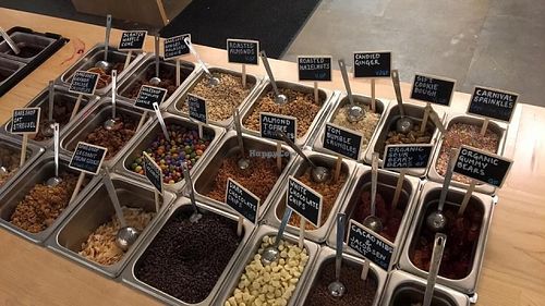 Toppings bar, well-labeled at Eb & Bean - Division  in Portland