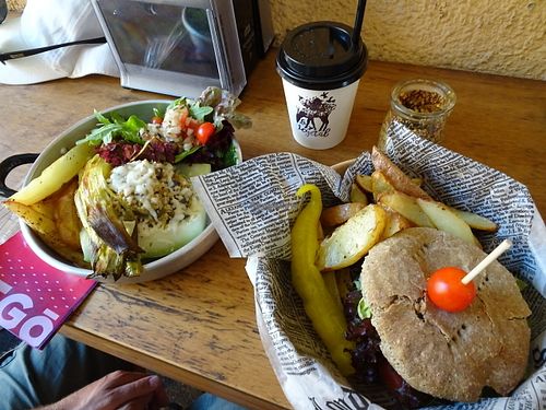 Zucchini and millet, and vegan burger.  at La Vegetal in Santiago