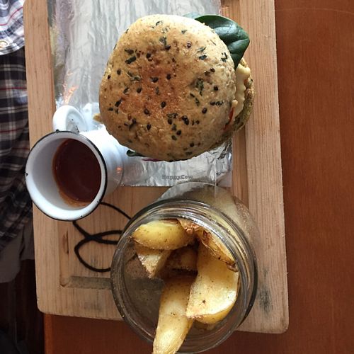 vegan 'bbq' burger and fries at Lyfe Market in Mazatlan