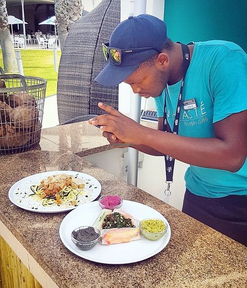 Left: Our Zucchini Pasta with Italian herbed Sundried Tomatoe sauce, Smokey Tofu and Vegan Parmesan.
Right: Our Crispy Summerrolls with Minty Pea Pesto, Black Hummus (made from our own Black Tahini) and Pink Hummus. at Namaste Lifestyle Cafe in Western Cape