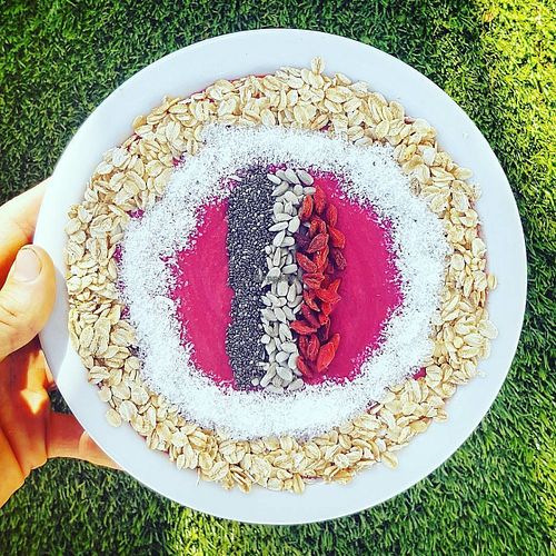 This is by far my favourite smoothie bowl. It's a smoothie of mango, carrot, beetroot, coconut milk and banana with superfoods on top. We craft it for you on order! at Namaste Lifestyle Cafe in Western Cape
