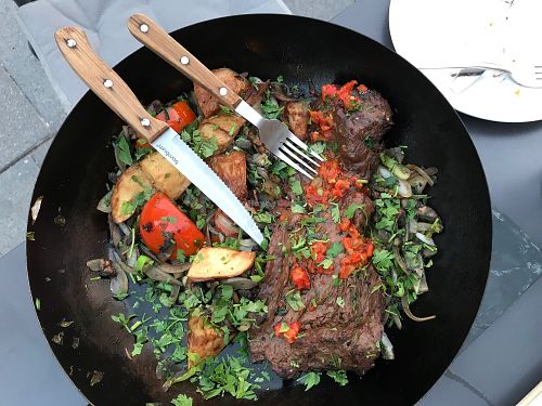 vegan ";steak"; in a pan at Four One Six (416) in Tel Aviv