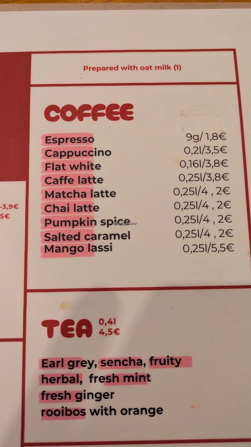 Coffee menu (all available with oat milk) at Balans Bistro in Bratislava