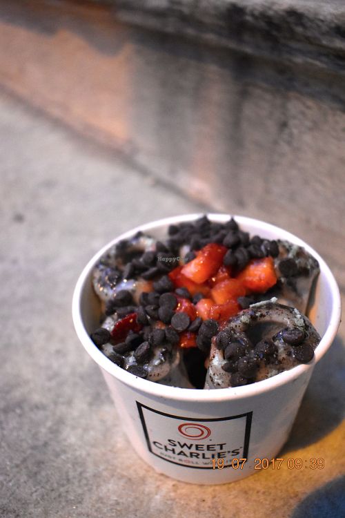 Mint oreo with strawberries and chocolate chips.  at Sweet Charlie's in Philadelphia