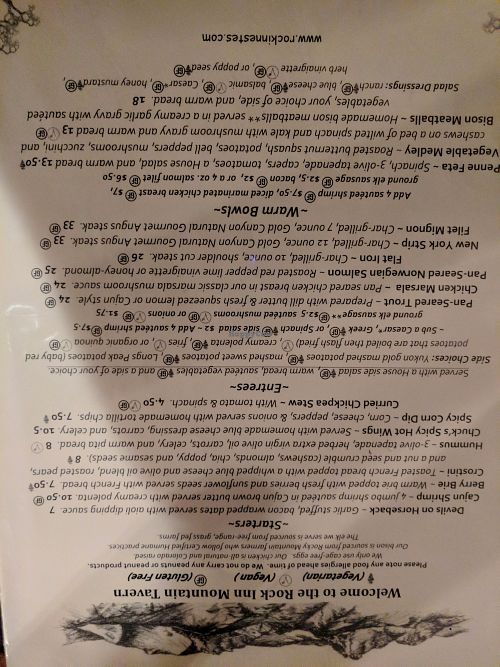 Menu 1 at The Rock Inn Mountain Tavern in Estes Park