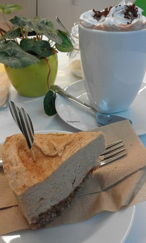 cake with hot chocolate and cream at Vegansuper and Snack Bar in Groningen
