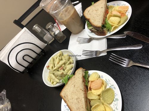 Chickpea salad sandwich & pasta salad!! SO YUM!  at The Black Crow Cafe in Elkhart