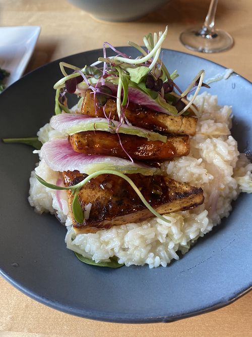 Tofu over jasmine rice in curry broth- delicious   at Roots in Rutland