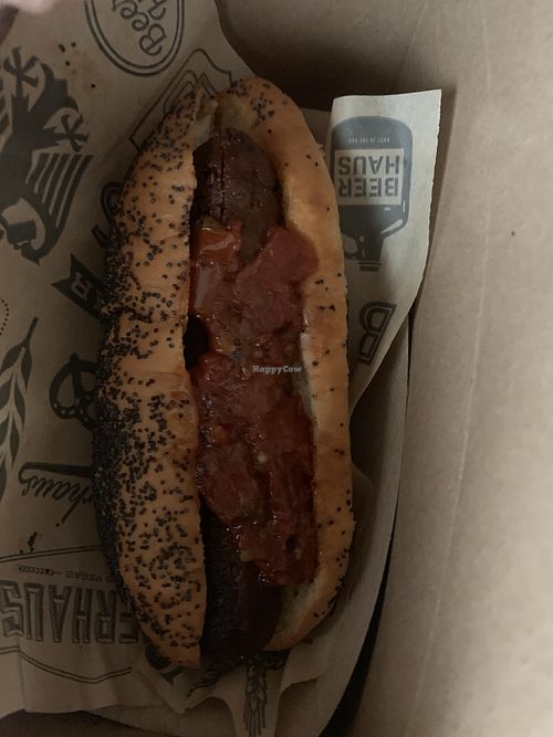 Chipotle vegan hot dog with tomato jam at New York New York - BeerHaus in Las Vegas