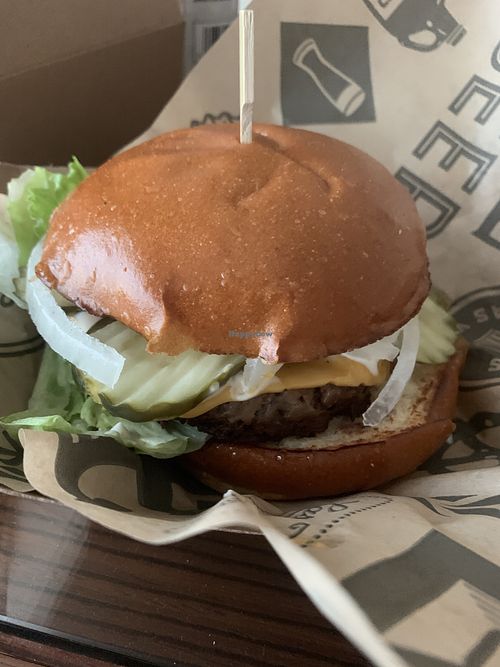 Vegan impossible burger with vegan mayo and vegan cheese at New York New York - BeerHaus in Las Vegas