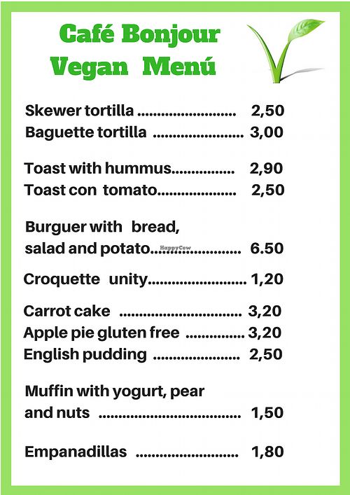 Vegan Menu at Cafe Bonjour in Lanzarote