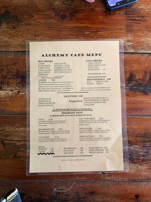 Menu at Alchemy Cafe in Gawler