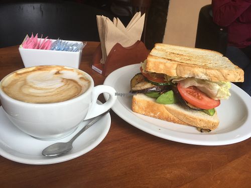 Vegan sandwich and soy milk latte at Cafe Tostado in Punta Arenas