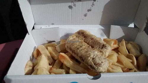 Battered veggie sausage and chips at Hooked in Glasgow