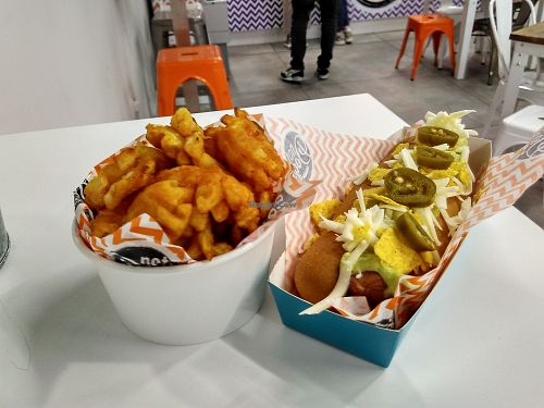Waffle fries  and Kickin' Katie Nacho Dog at Not Dogs in Birmingham