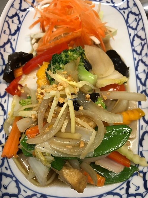 Ginger stir fried with mixed veggies and tofu vegetarian, vegan or gluten free as requested pls ask as requested  at Pattaya Thai in Hamilton