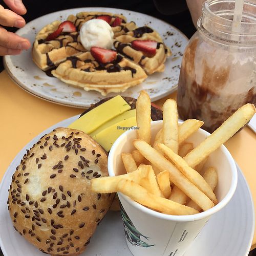 Royale burger and vanilla waffles at The Cake Collective in Moonee Ponds