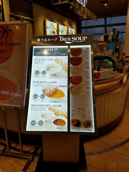 Menu. Each item has a list of allergens. at HND - True Soup in Tokyo