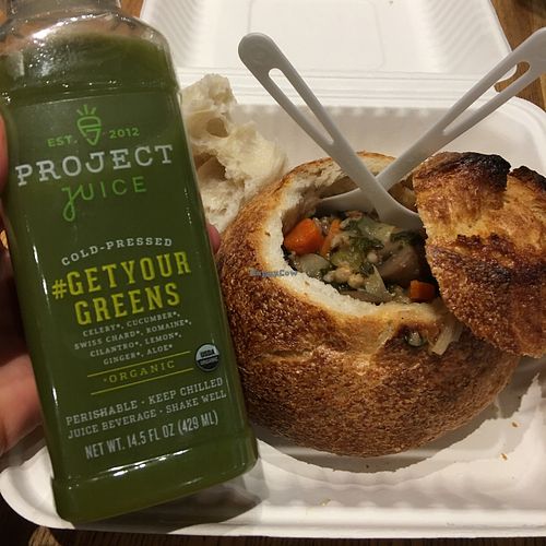 Cold-pressed juice and veggie soup in bread bowl (VEGAN) at SFO - Napa Farms Market - T2 in South San Francisco