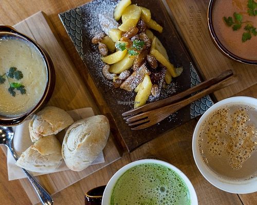 Vegan potage soup, bread, soy matcha late, soy caramel latte, and caramelized sweet potato and apple.  at Chamise Cafe and Space in Nagano