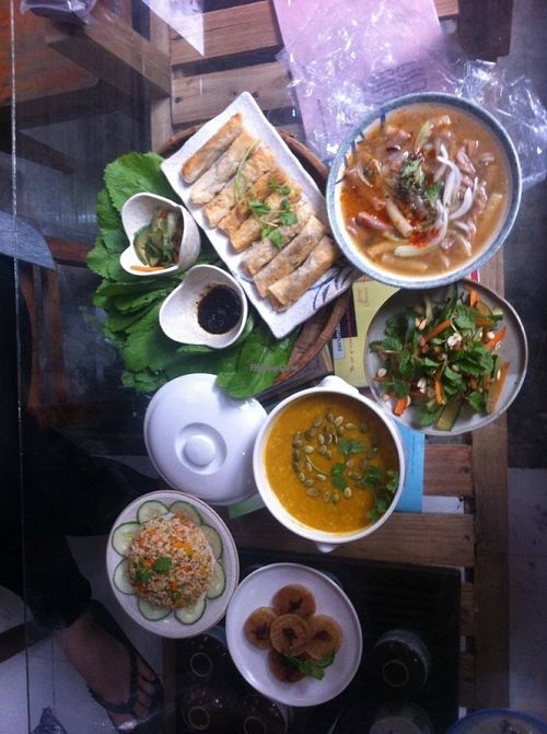 Delicious meal at Bao An
Spring Rolls, Cucumber Carrot Salad, Fried Brown Rice, Oat-Pumpkin Soup and Banh Can at Thuc Duong Bao An - Bao An Macrobiotic in Da Nang