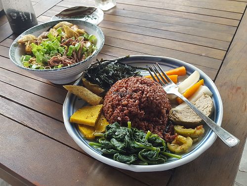 Brown rice plate, and noodles with spring rolls! at Thuc Duong Bao An - Bao An Macrobiotic in Da Nang