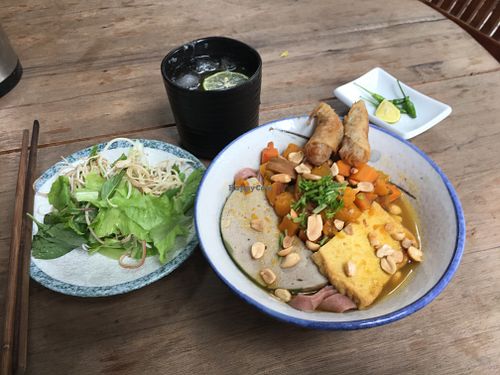 My quang and lemonade.  at Thuc Duong Bao An - Bao An Macrobiotic in Da Nang