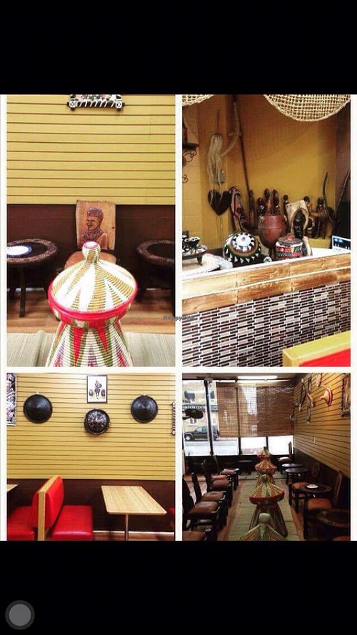 The inside decoration of Ethiopia restaurant with traditional furnitures imported from ethiopia at Ethiopia Vegan Restaurant in Toronto