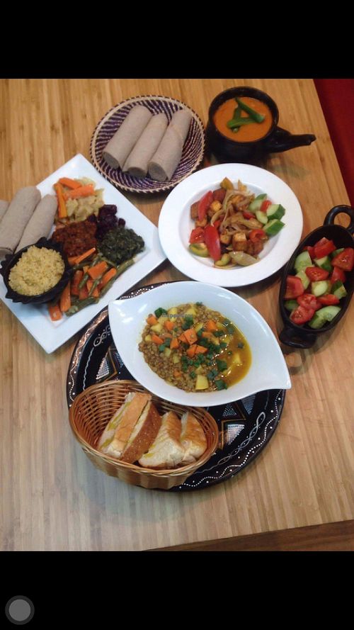 Ethiopia restaurant veggie platter, tofu tibs,shiro and veggie soup at Ethiopia Vegan Restaurant in Toronto