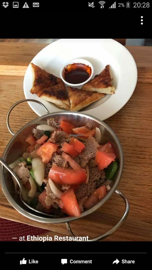 Starter samosa and timatim fitfit at Ethiopia Vegan Restaurant in Toronto