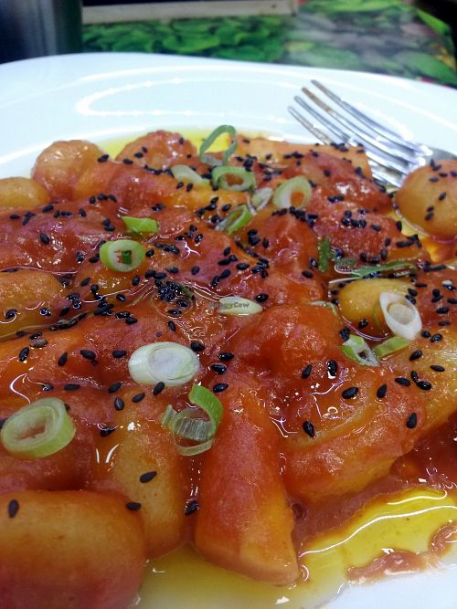 Kimchi gnocchi (two kinds - glutinous rice and Italian potato) at Vegan Yes - Nag's Head Market in North London