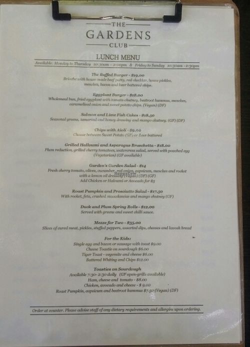 lunch menu at The Gardens Club in Brisbane