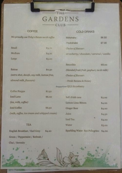 drinks menu at The Gardens Club in Brisbane