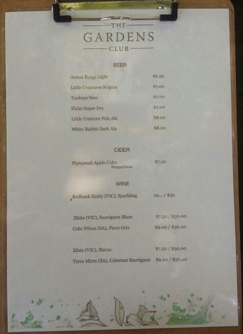 beer/wine menu at The Gardens Club in Brisbane