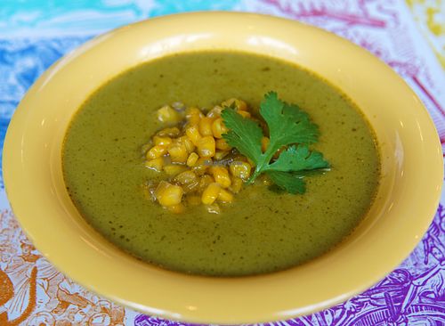 Winter seasonal soups rotate weekly, often vegetarian and vegan, such as this vegan cream of poblano and corn soup. at Mi Mero Mole in Portland