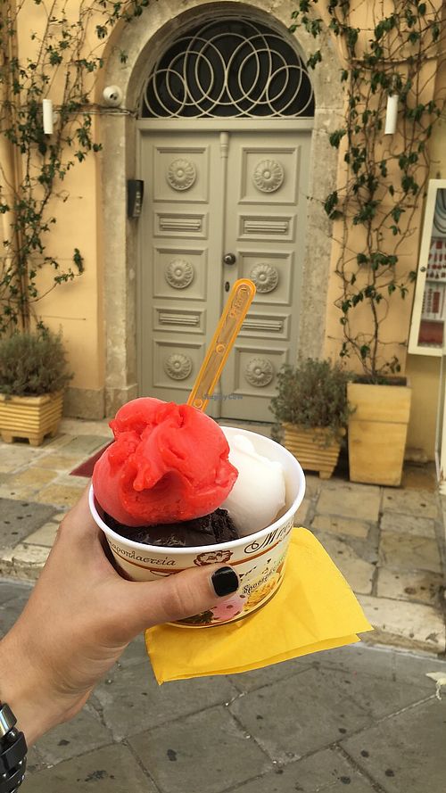 Dark chocolate, vanilla chocolate and watermelon  at Bohotis Gelateria Patisserie in Corfu