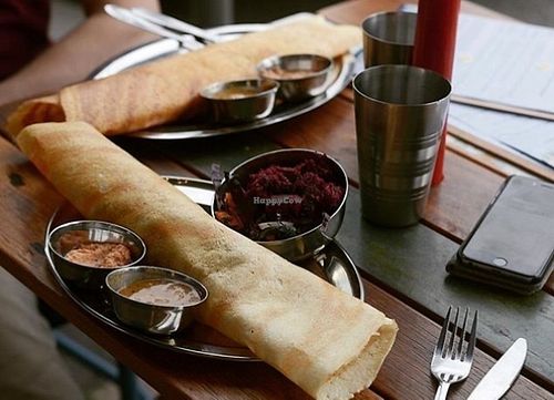 Masala dosa filled with potato & pea masala and served with coconut chutney & sambar at Babaji's Kitchen in Belgrave