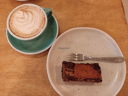 Chai latte and vegan biscoff brownie at Fig and Sparrow in Manchester
