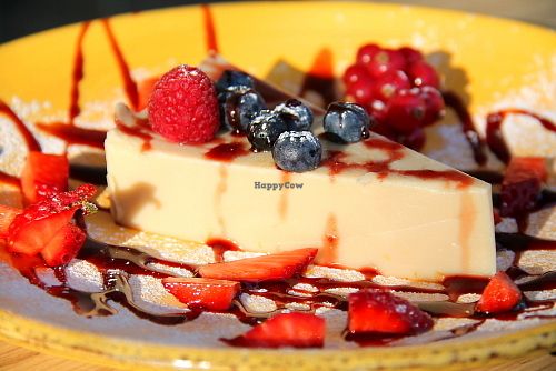 Vegan cheese cake. It was more like a thick jelly than cake and didn´t have any crust or dough. 6 euros is a bit much from this. We got a coupon for free cake because our bill was more than 25 euros.  at Organic Cafe in Fuengirola