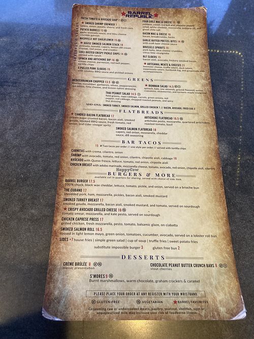 Menu - just 4 items labeled as vegan   at Barrel Republic in Carlsbad