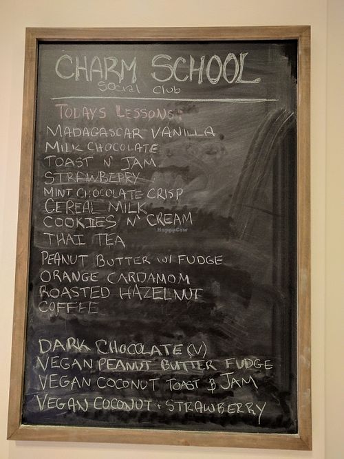 Vegan options clearly identified at Charm School in Richmond